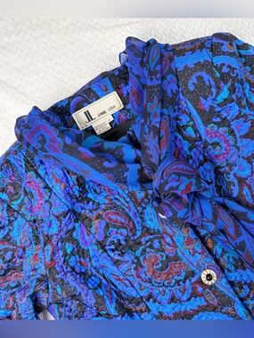VTG Junnie Leigh 2 Pc Quilted Paisley Jacket/Sheer Scarf Set Blue Purple 80s Sz6